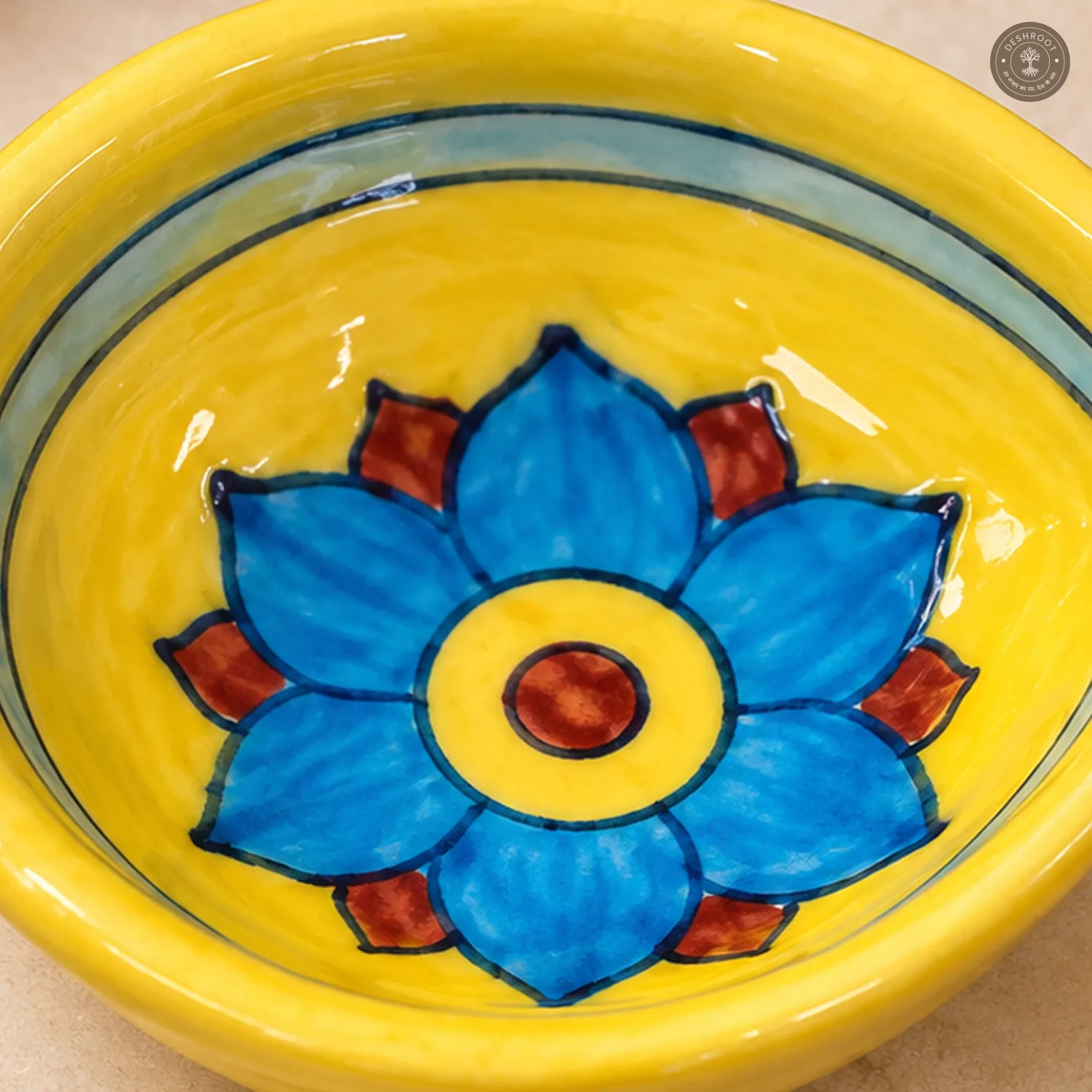 Yellow Bloom Blue Pottery Diya