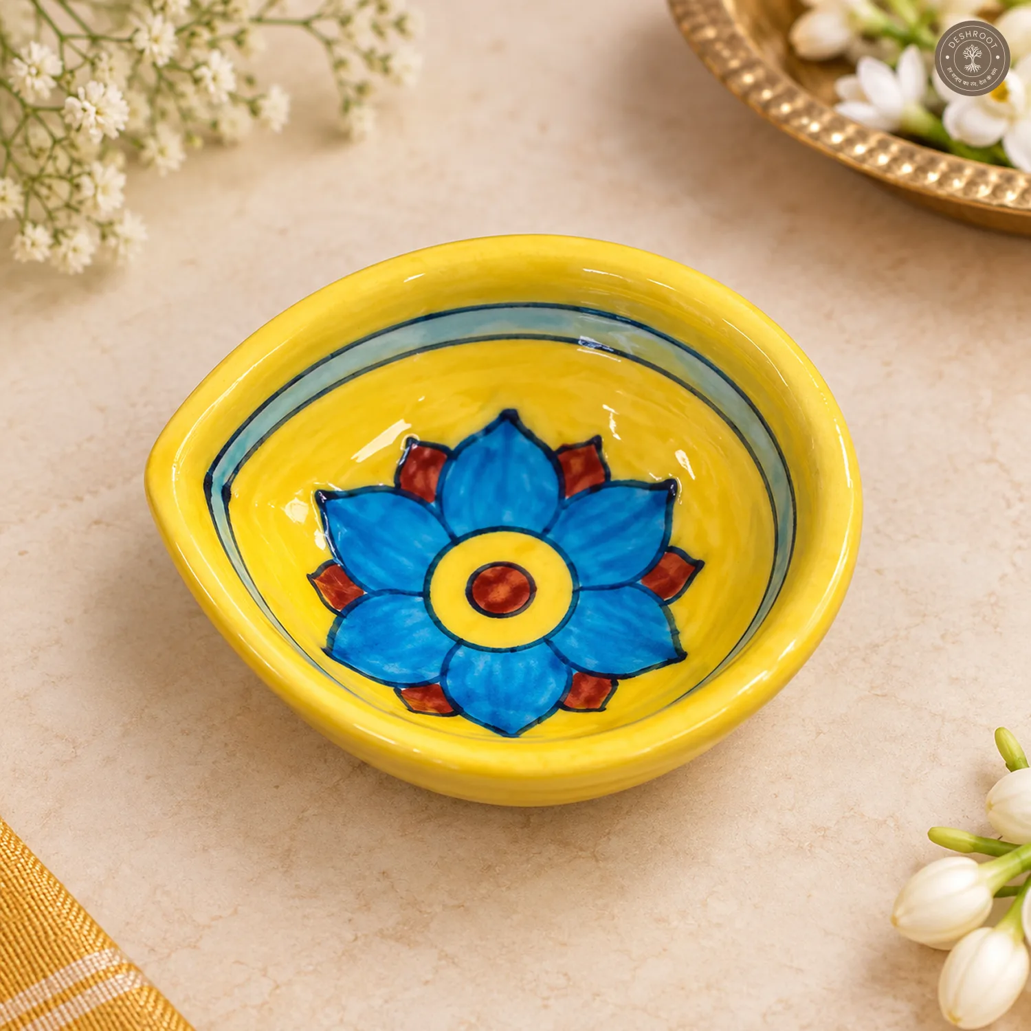 Multicolor Floral Blue Pottery Diya