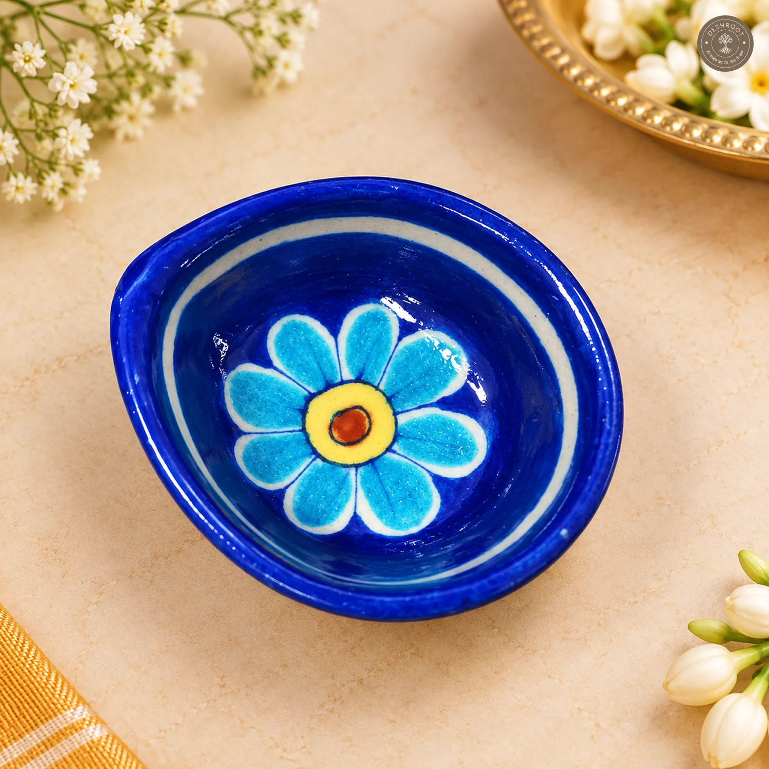 Multicolor Floral Blue Pottery Diya