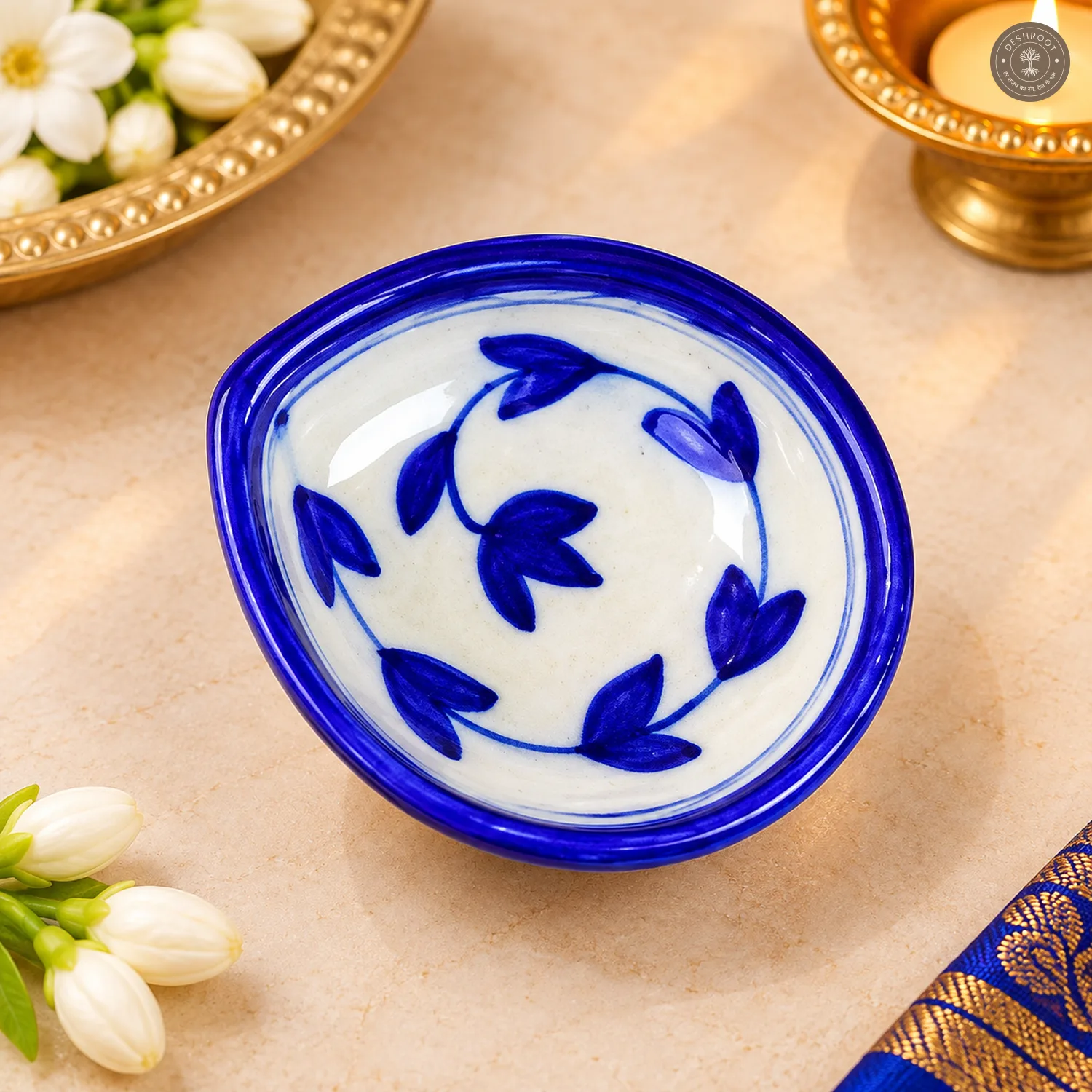 Multicolor Floral Blue Pottery Diya