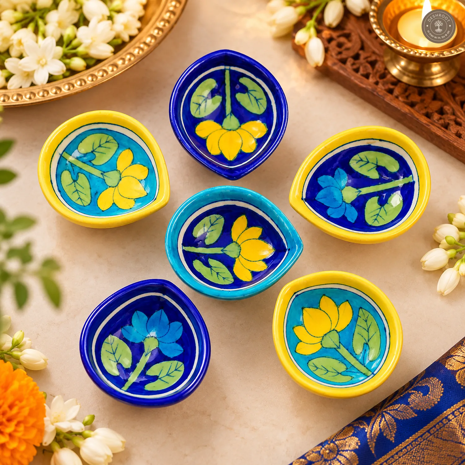 Multicolor Lotus Blue Pottery Diya