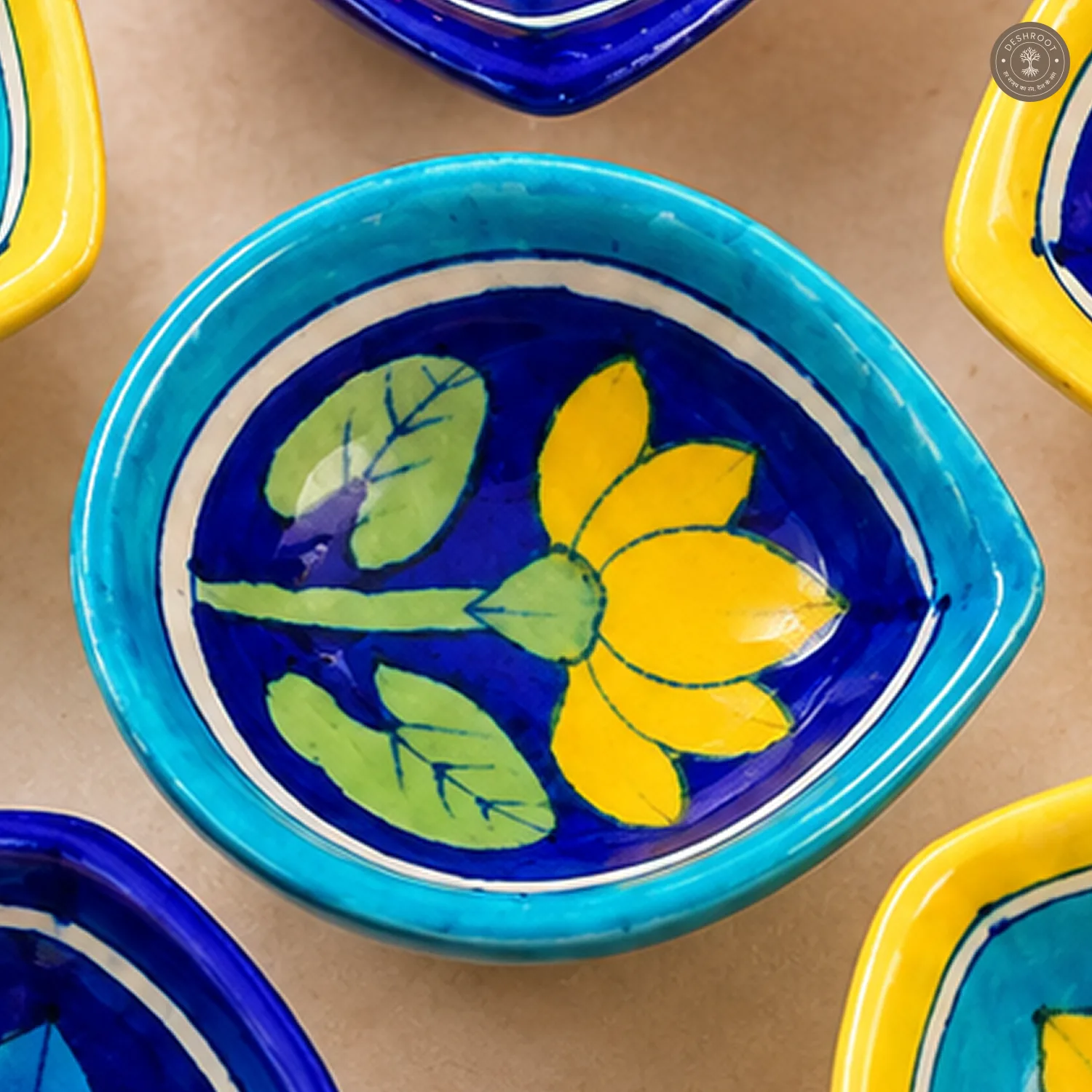 Multicolor Lotus Blue Pottery Diya