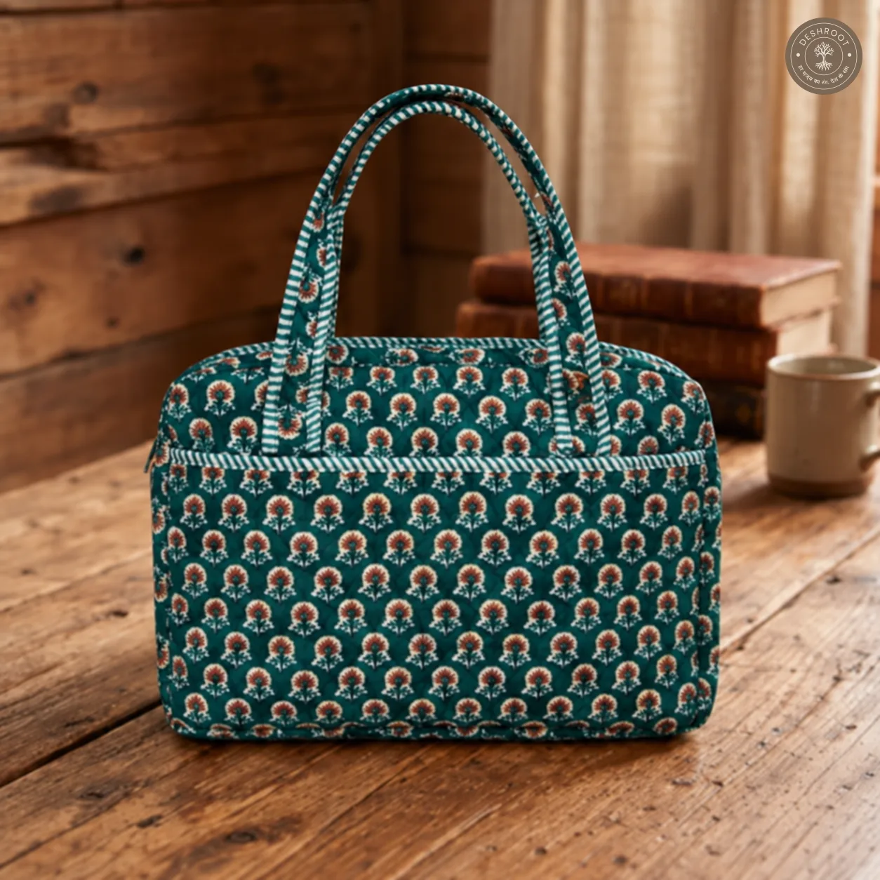 Emerald Block Print Quilted Laptop Bag – Handcrafted Cotton Laptop Bag