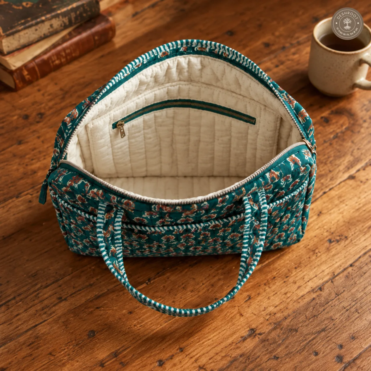 Emerald Block Print Quilted Laptop Bag – Handcrafted Cotton Laptop Bag