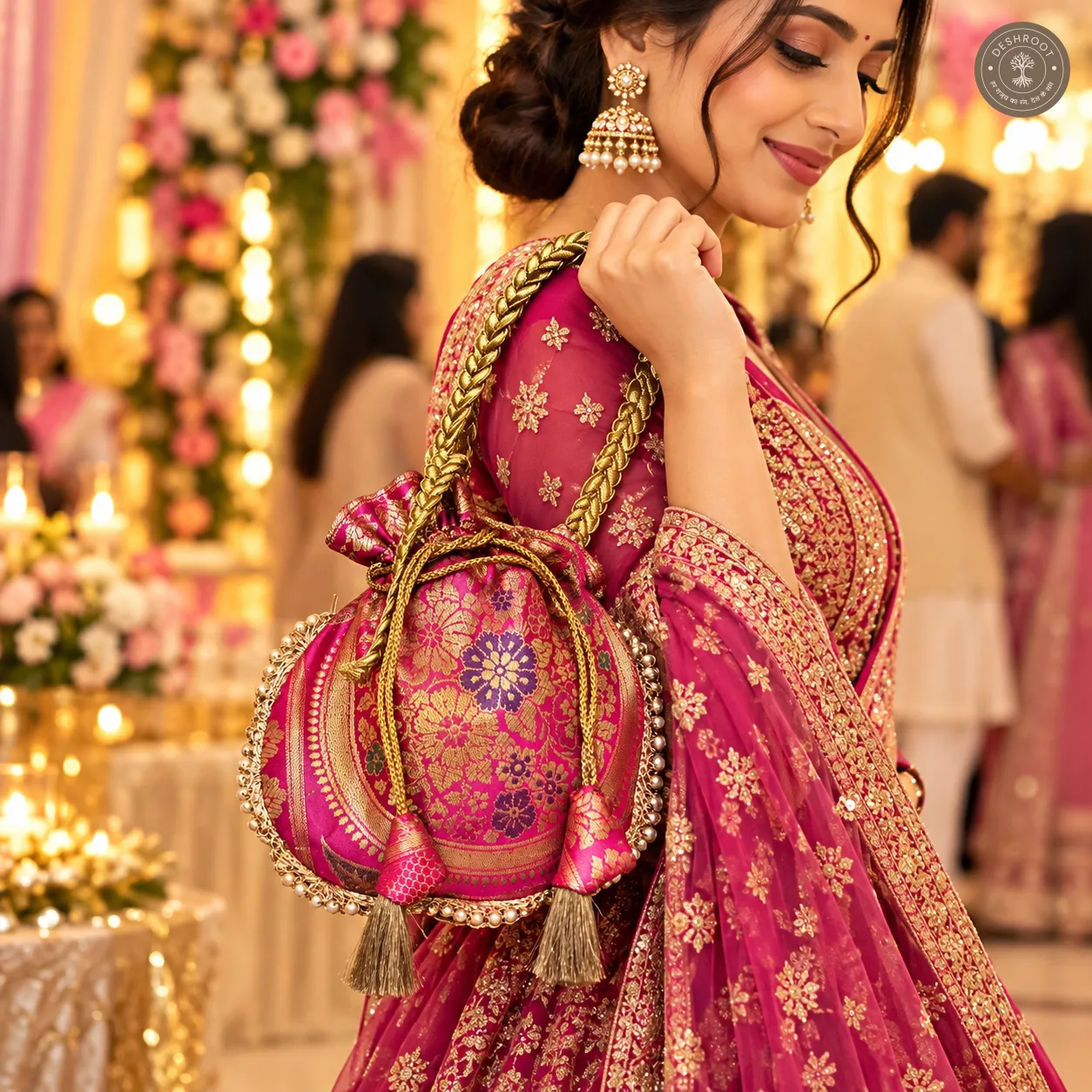 Rani Pink	Premium Banarasi Silk Potli Bag