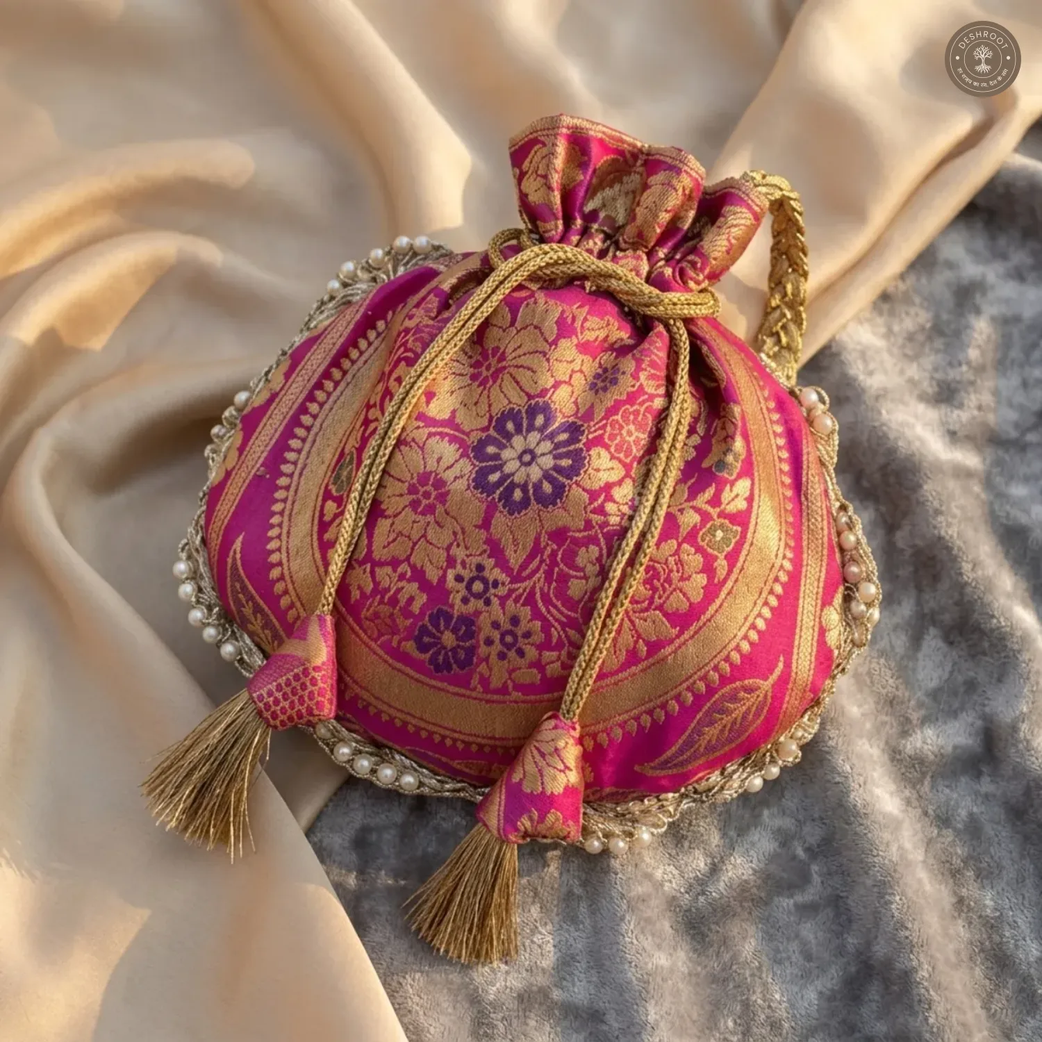 Rani Pink	Premium Banarasi Silk Potli Bag