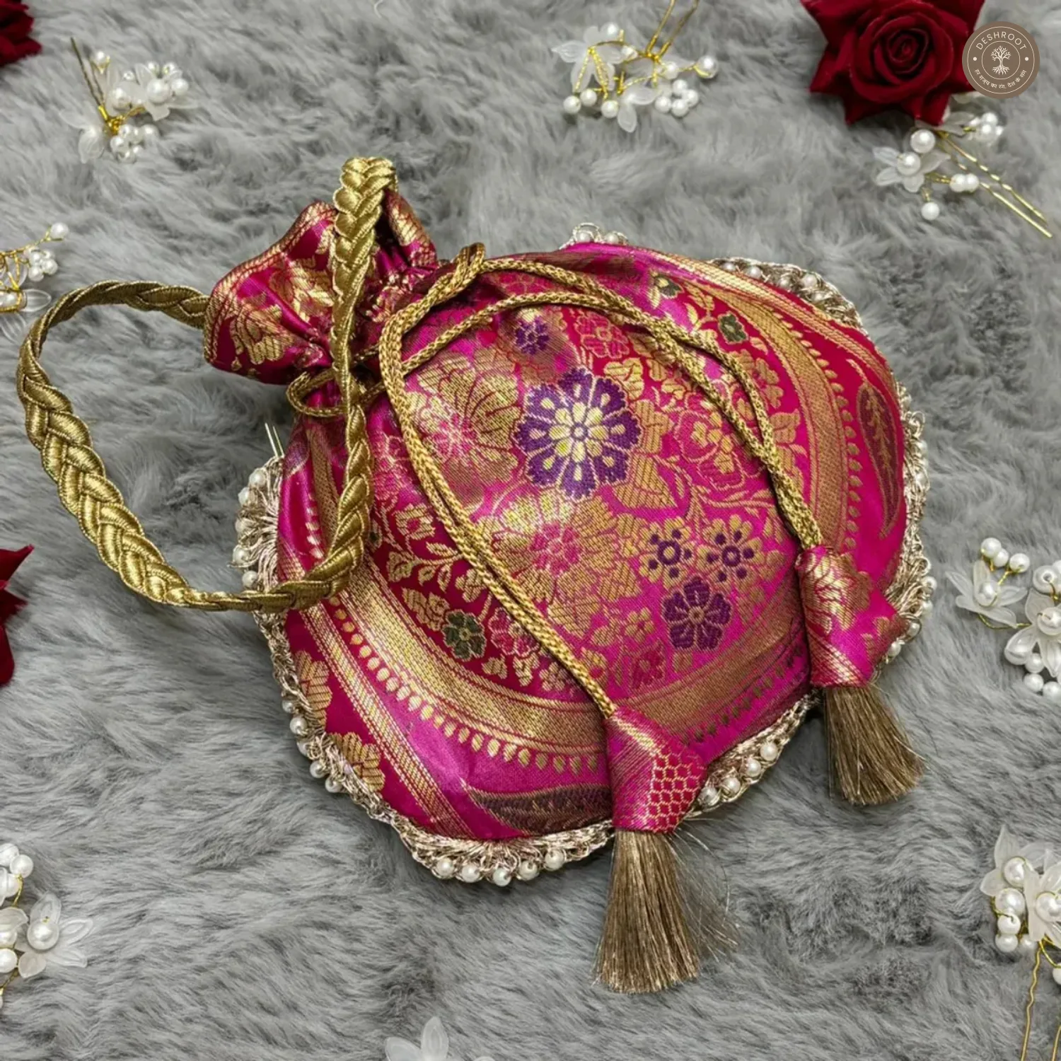 Rani Pink	Premium Banarasi Silk Potli Bag