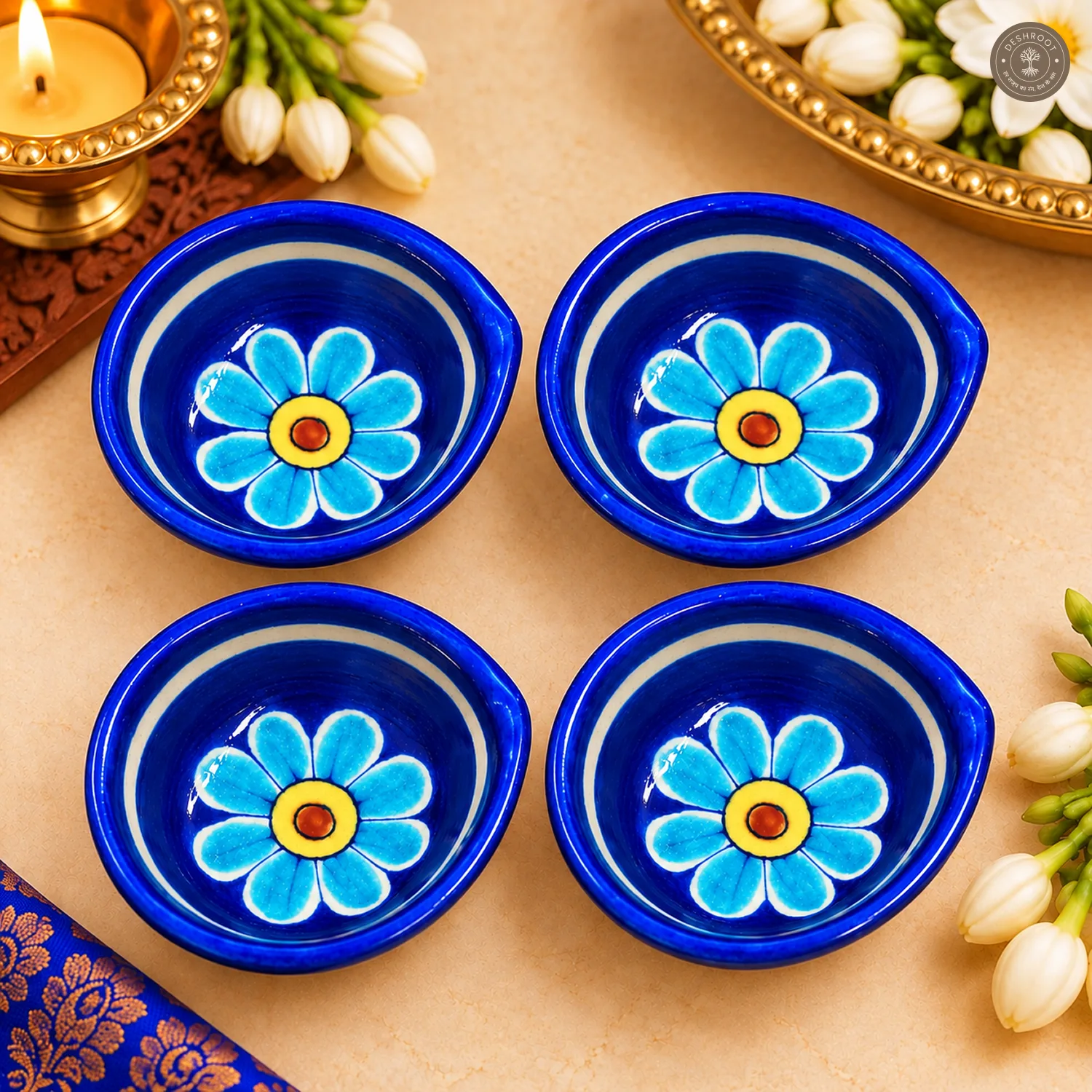 Light Blue Flower Blue Pottery Diya