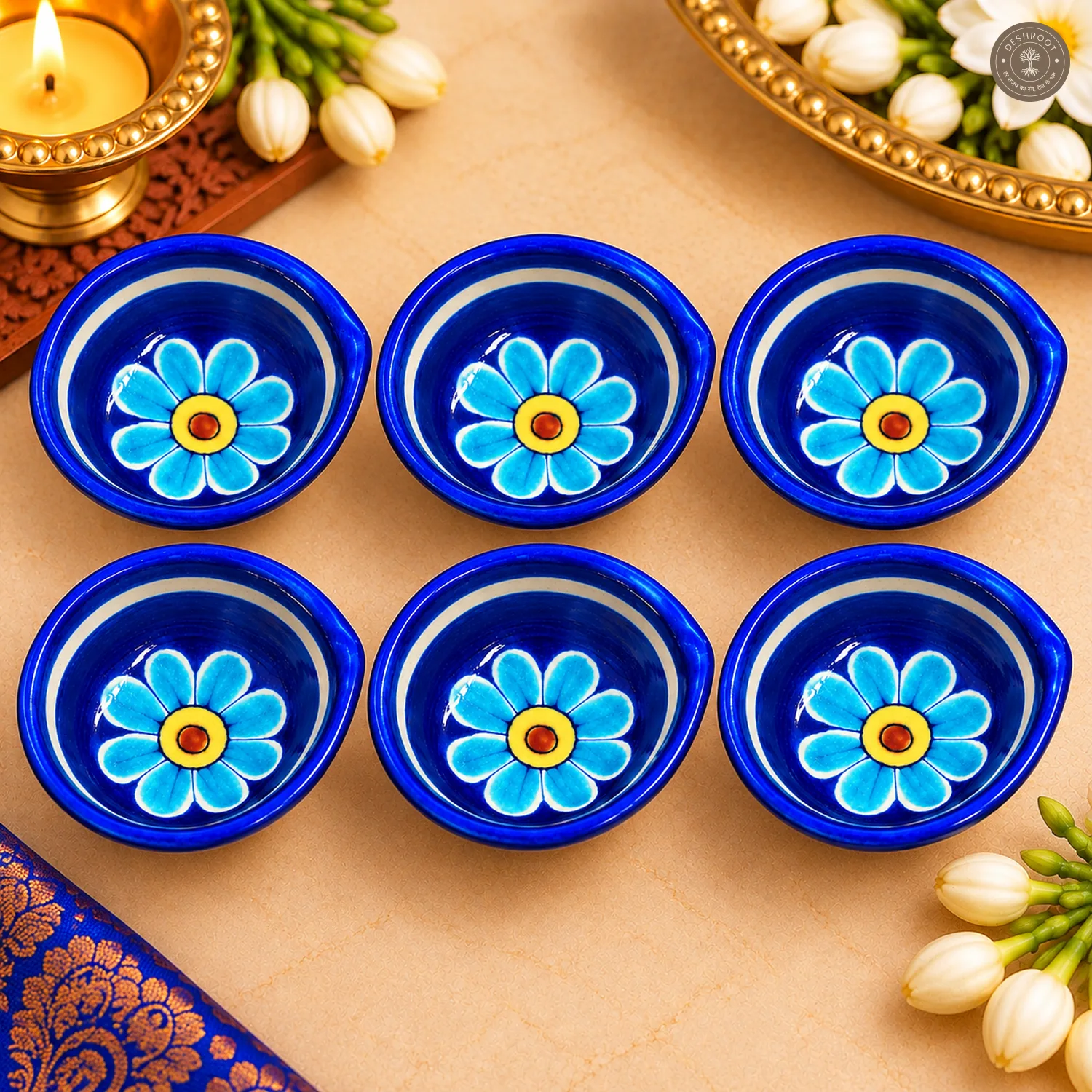 Light Blue Flower Blue Pottery Diya