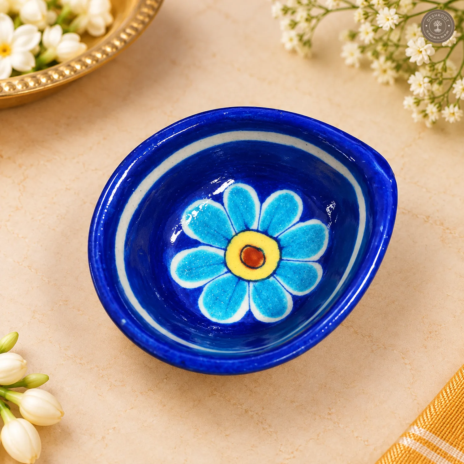Light Blue Flower Blue Pottery Diya