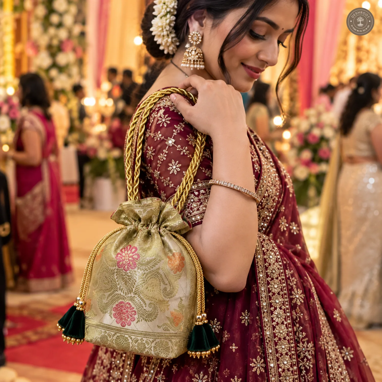 Off White Banarasi Silk Potli Bag