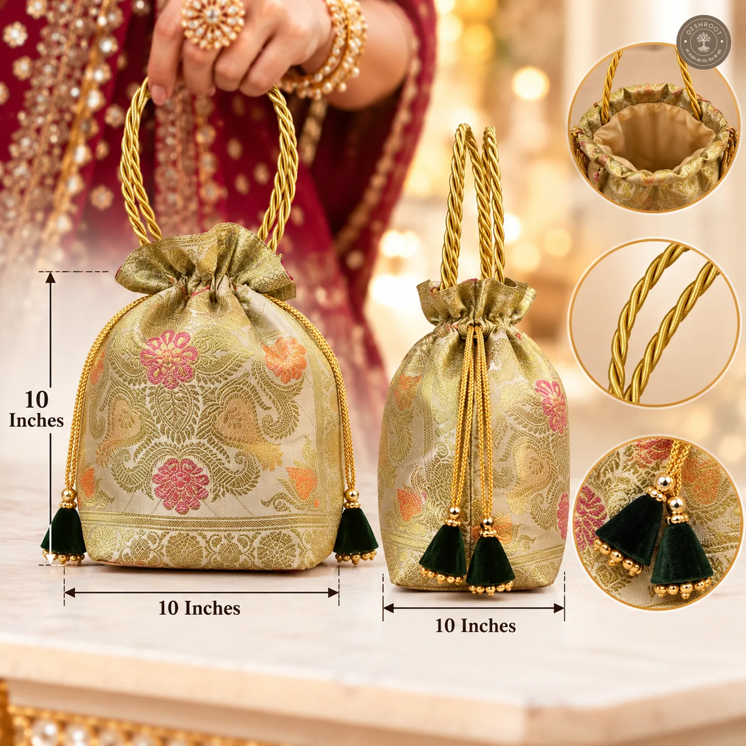 Off White Banarasi Silk Potli Bag