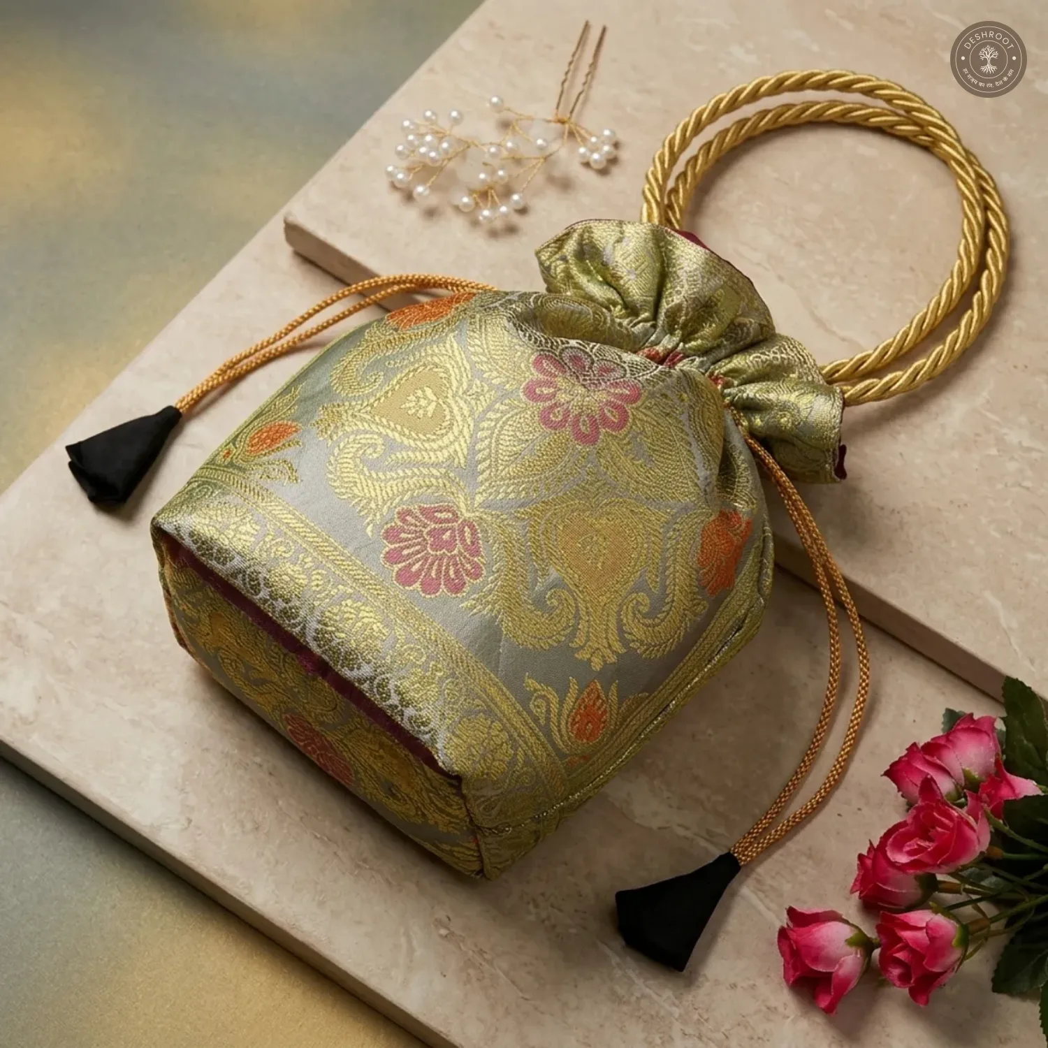 Off White Banarasi Silk Potli Bag