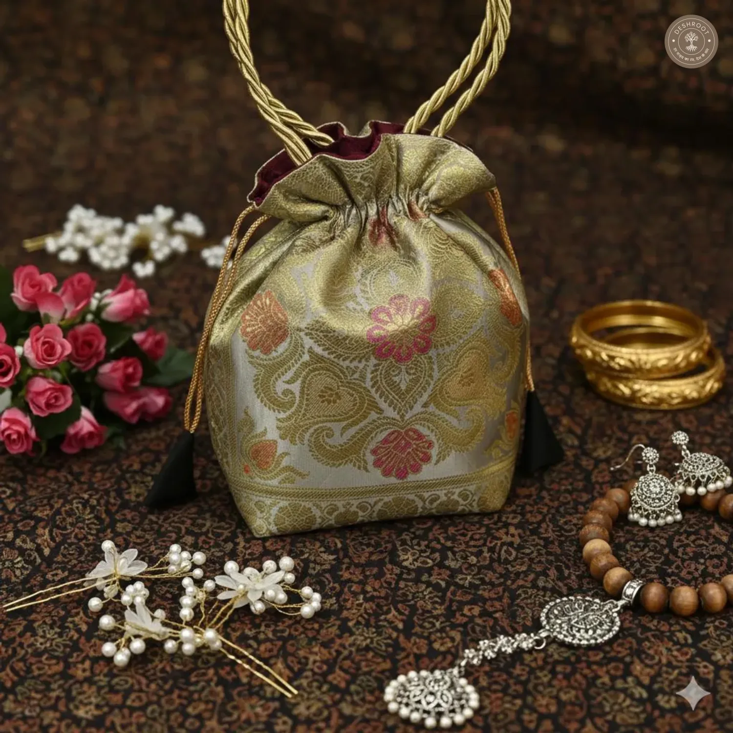 Off White Banarasi Silk Potli Bag