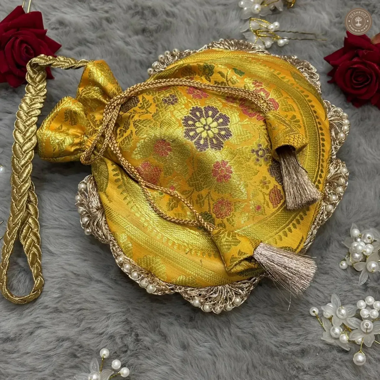 Bright Yellow Eccentric Lace Potli Bag