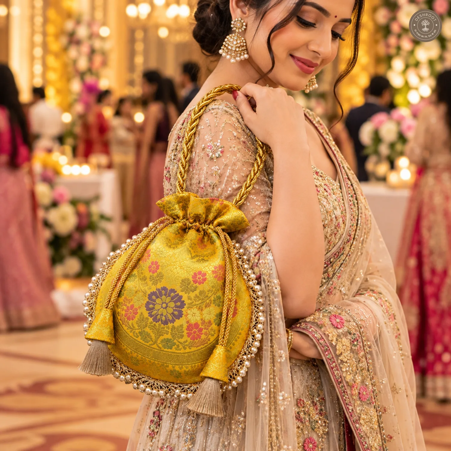 Bright Yellow Eccentric Lace Potli Bag