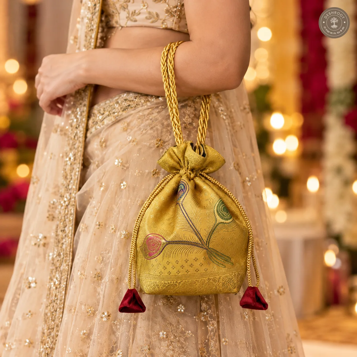 Ethnic Gold Banarasi Potli Bag