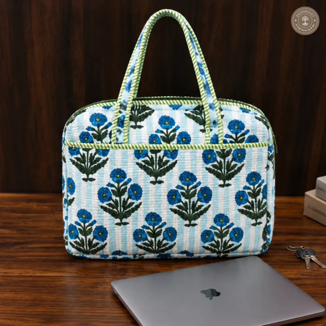 Blue Meadow Quilted Laptop Bag – Handcrafted Floral Cotton Laptop Bag
