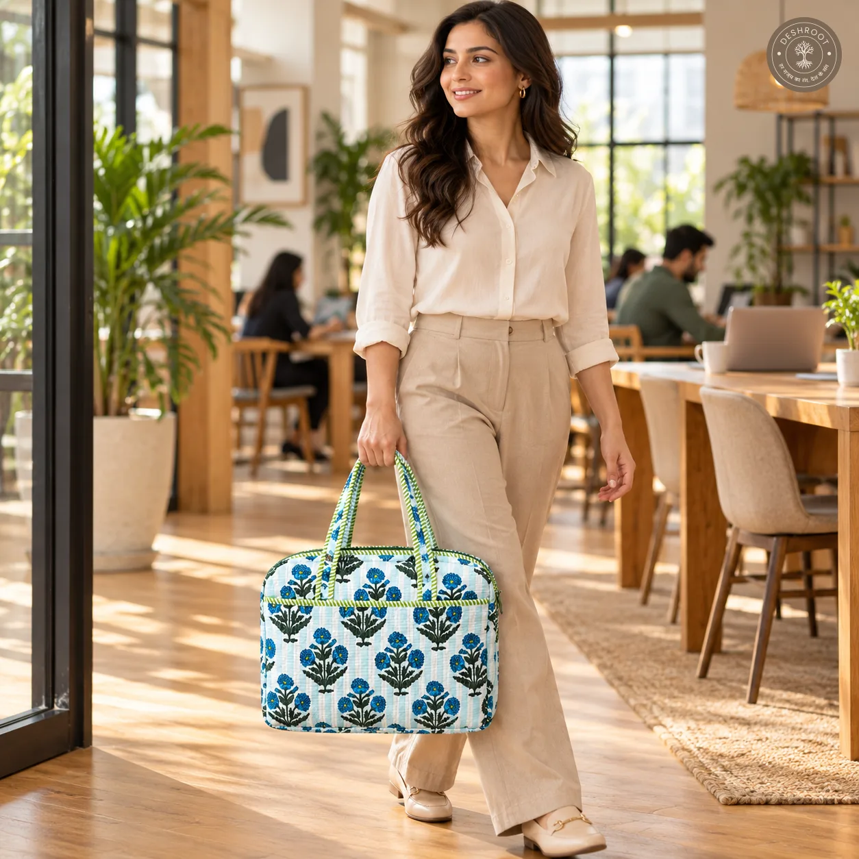 Blue Meadow Quilted Laptop Bag – Handcrafted Floral Cotton Laptop Bag