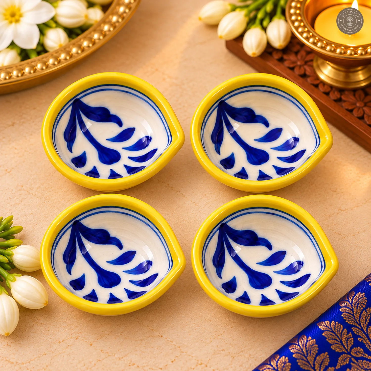 Yellow Rim Leaf Blue Pottery Diya