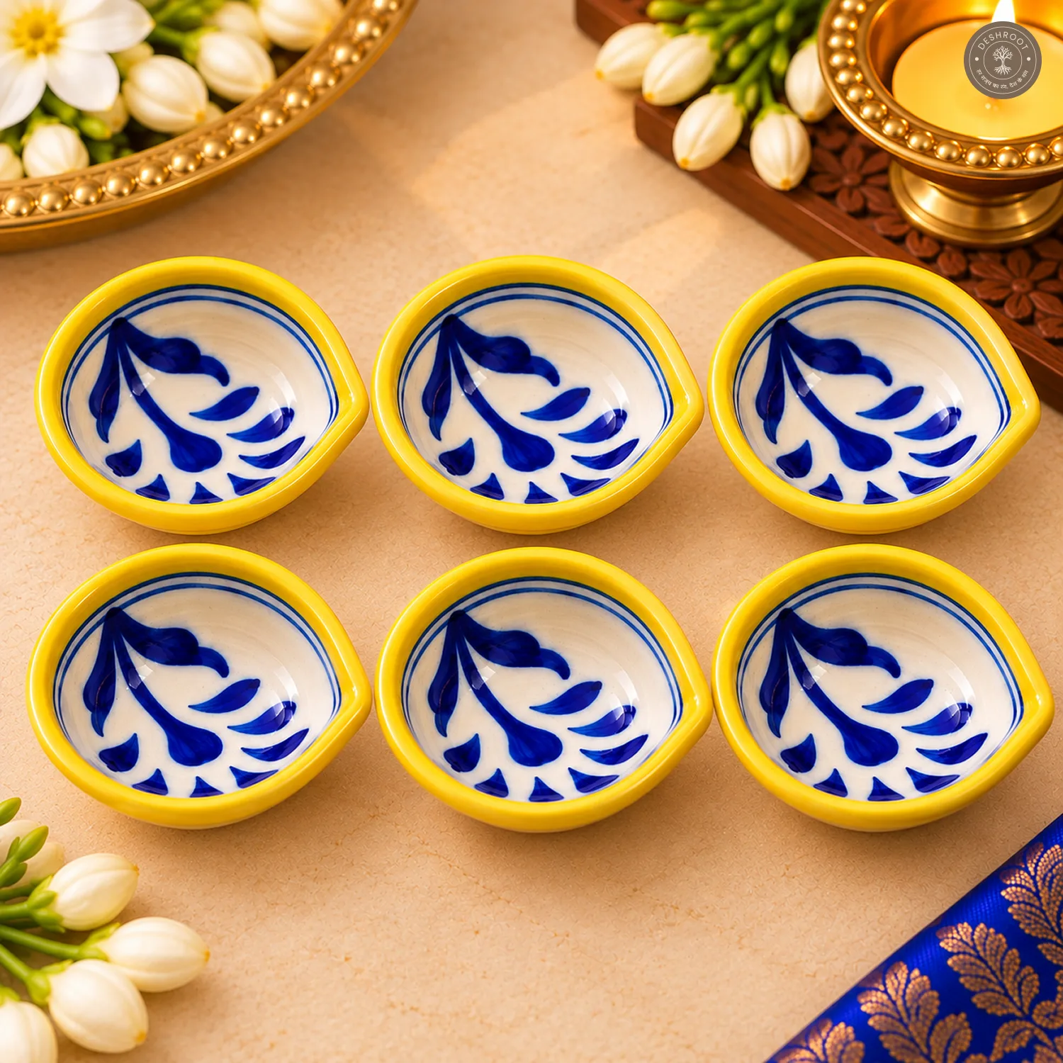 Yellow Rim Leaf Blue Pottery Diya