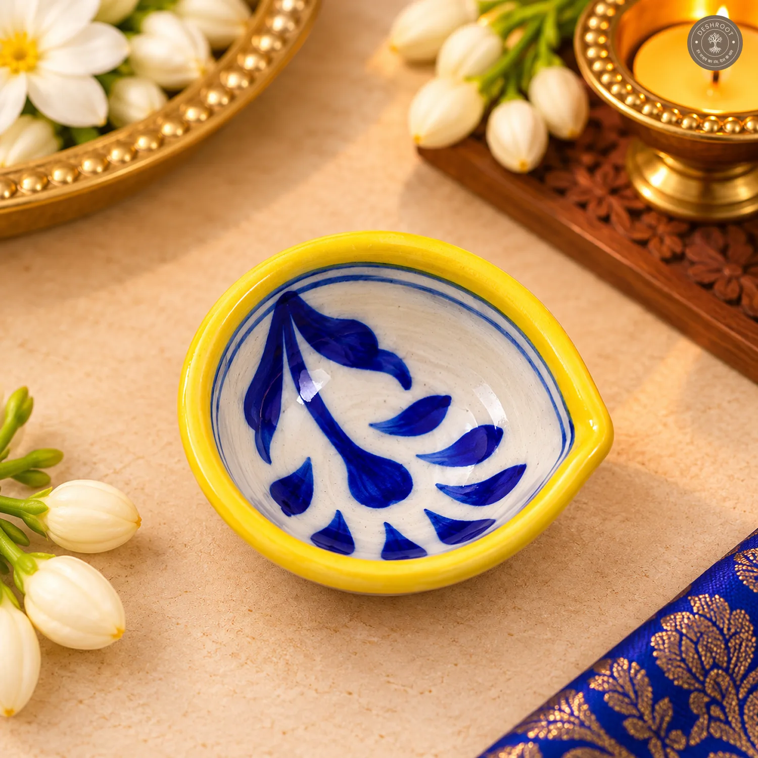 Yellow Rim Leaf Blue Pottery Diya