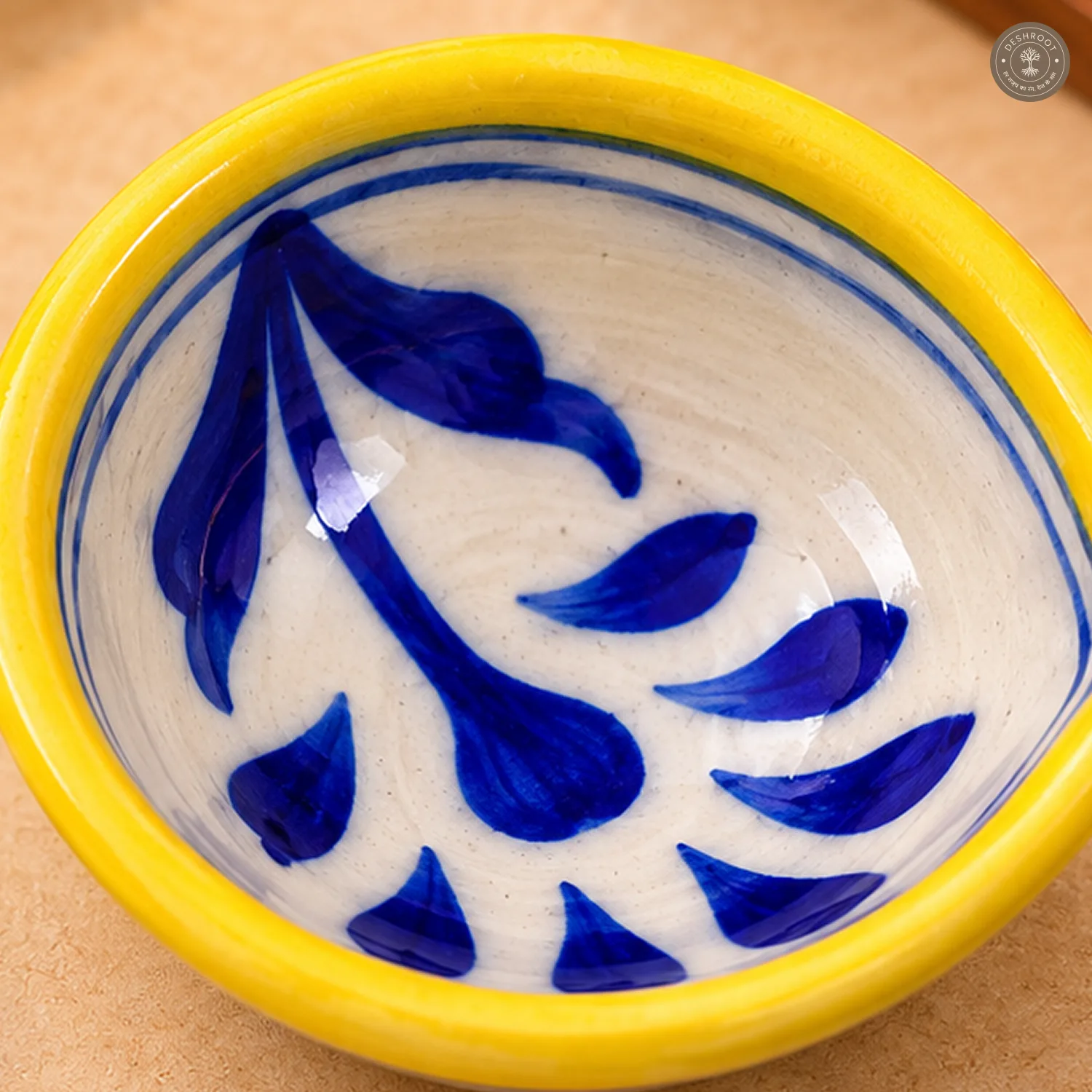 Yellow Rim Leaf Blue Pottery Diya