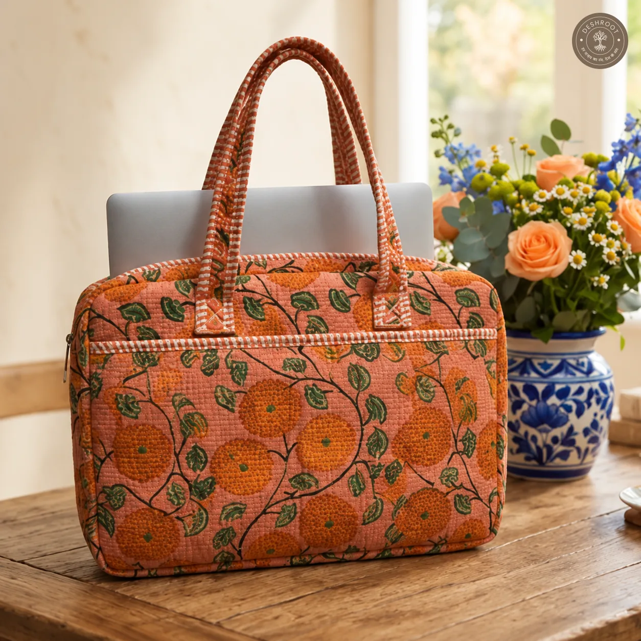 Peach Sunflower Quilted Laptop Bag – Handcrafted Floral Cotton Laptop Bag