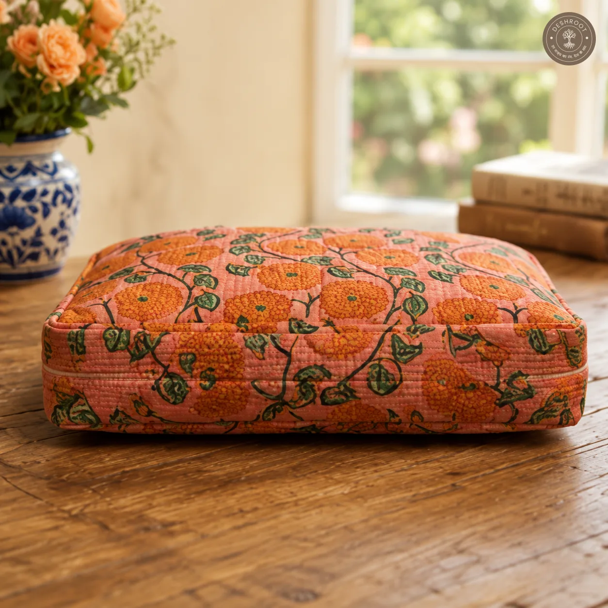 Peach Sunflower Quilted Laptop Bag – Handcrafted Floral Cotton Laptop Bag