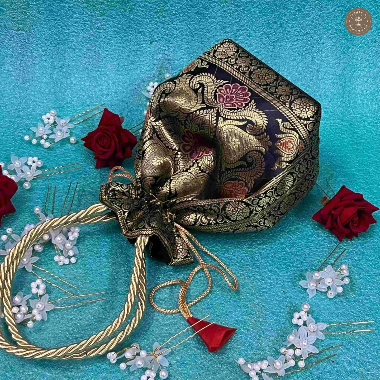 Black Banarasi Silk Brocade Potli Bag