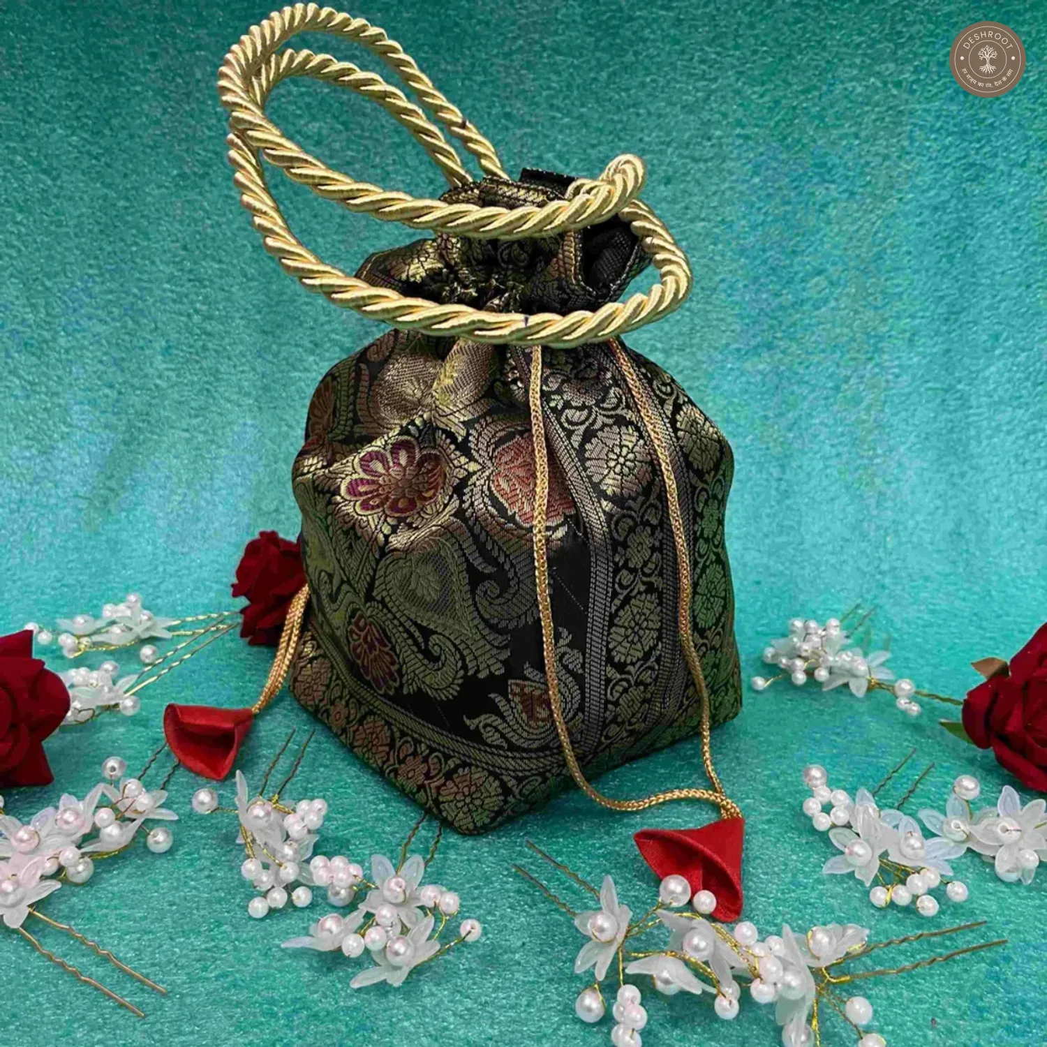 Black Banarasi Silk Brocade Potli Bag