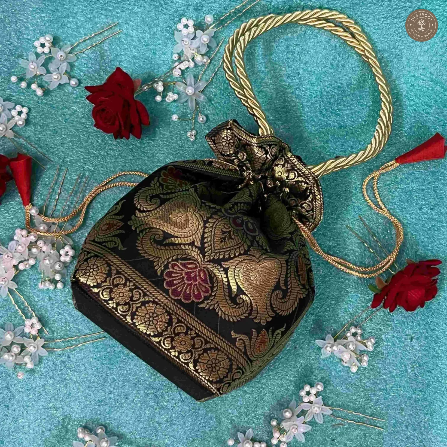 Black Banarasi Silk Brocade Potli Bag