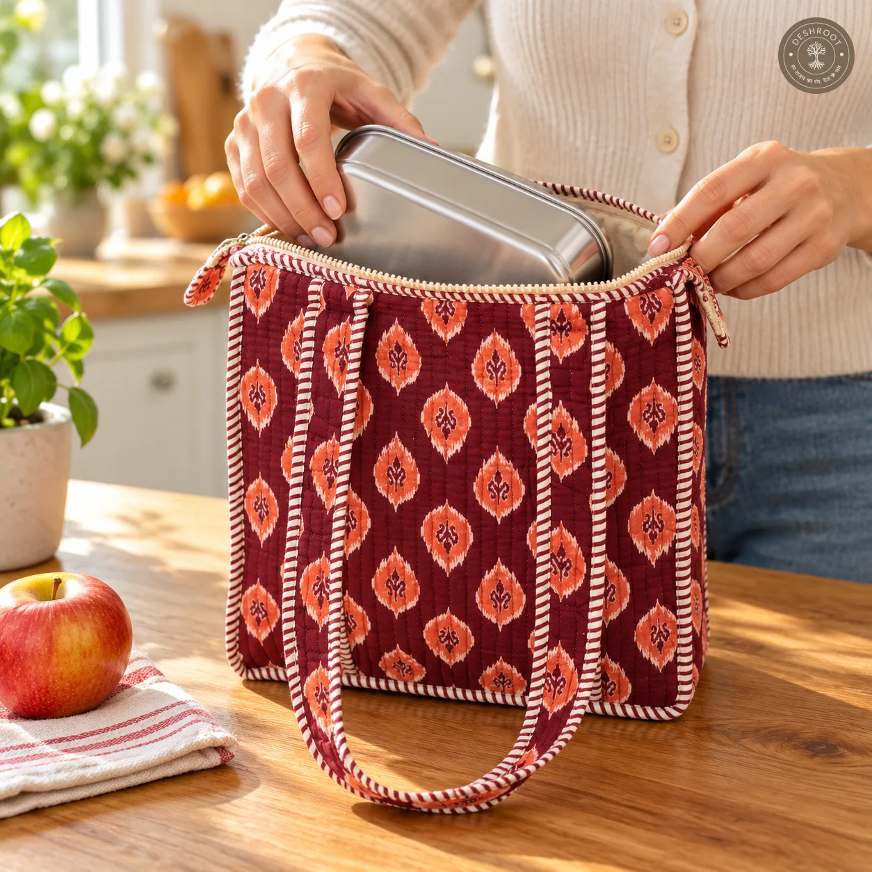 Maroon Ethnic Print Quilted Lunch Bag for Women – Handcrafted Cotton Lunch Box Handbag