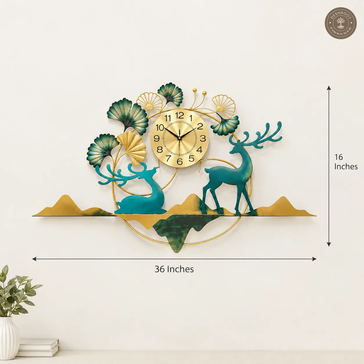 Golden Deer Scenic Metal Wall Clock