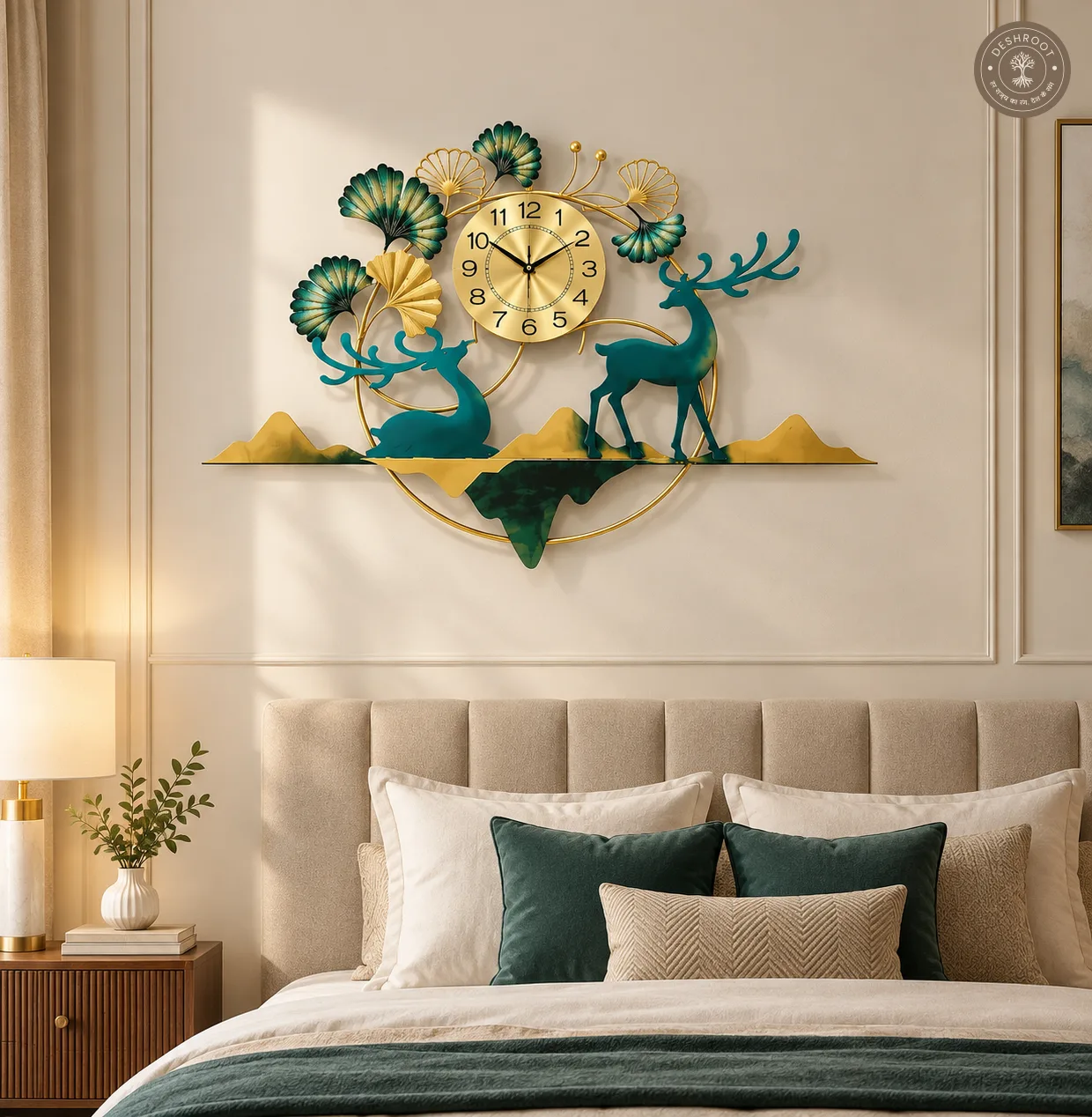 Golden Deer Scenic Metal Wall Clock
