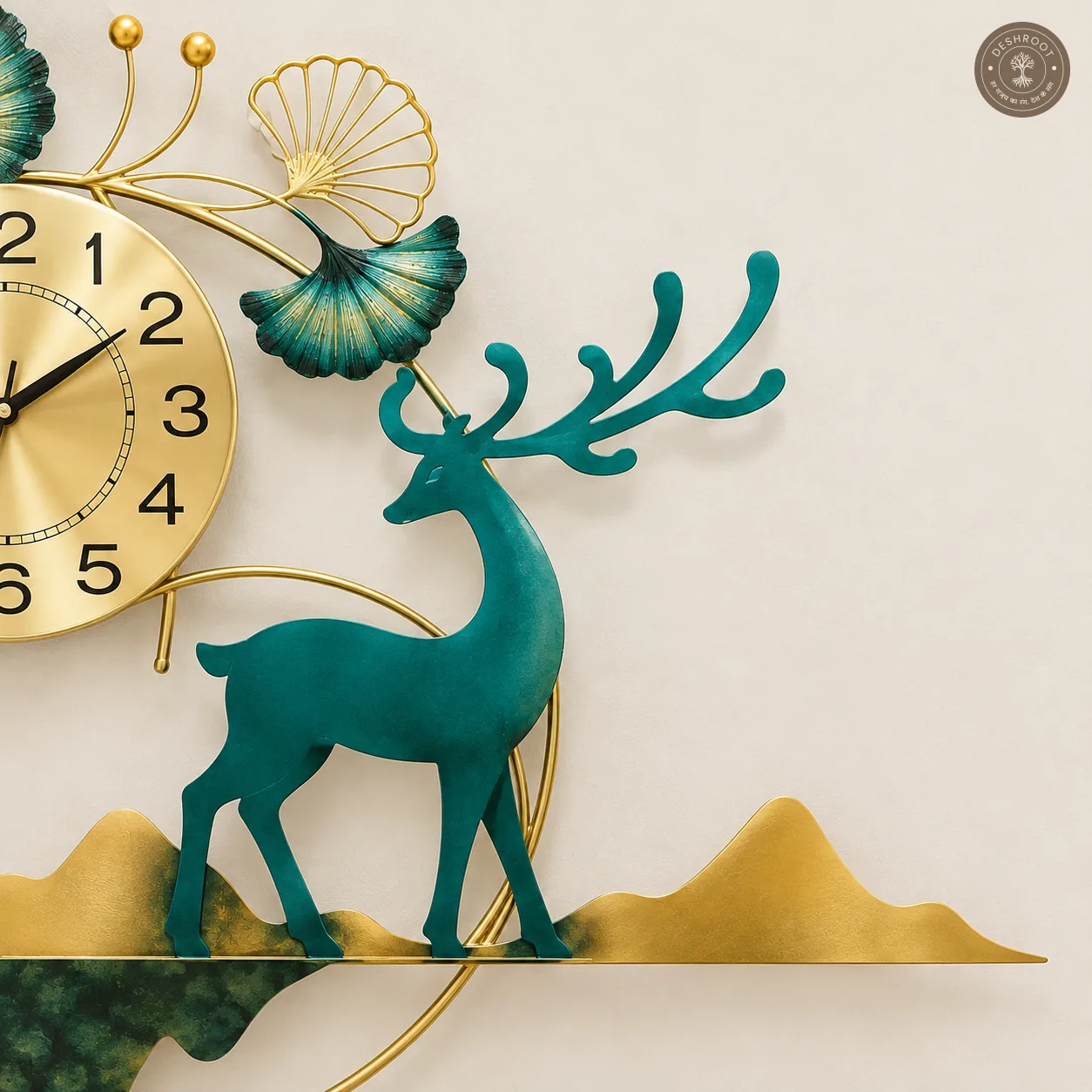 Golden Deer Scenic Metal Wall Clock