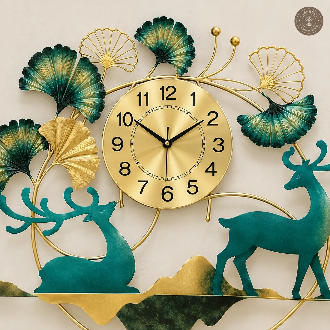 Golden Deer Scenic Metal Wall Clock