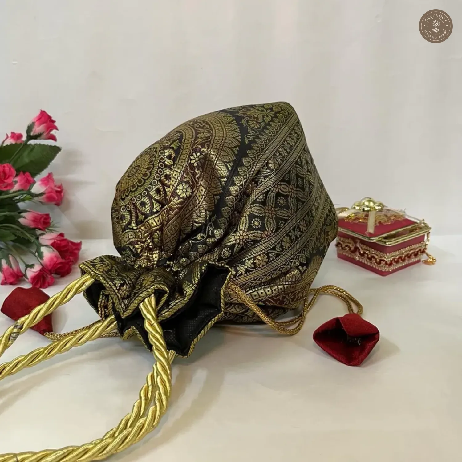 Stunning Black Banarasi Silk Brocade Potli Bag