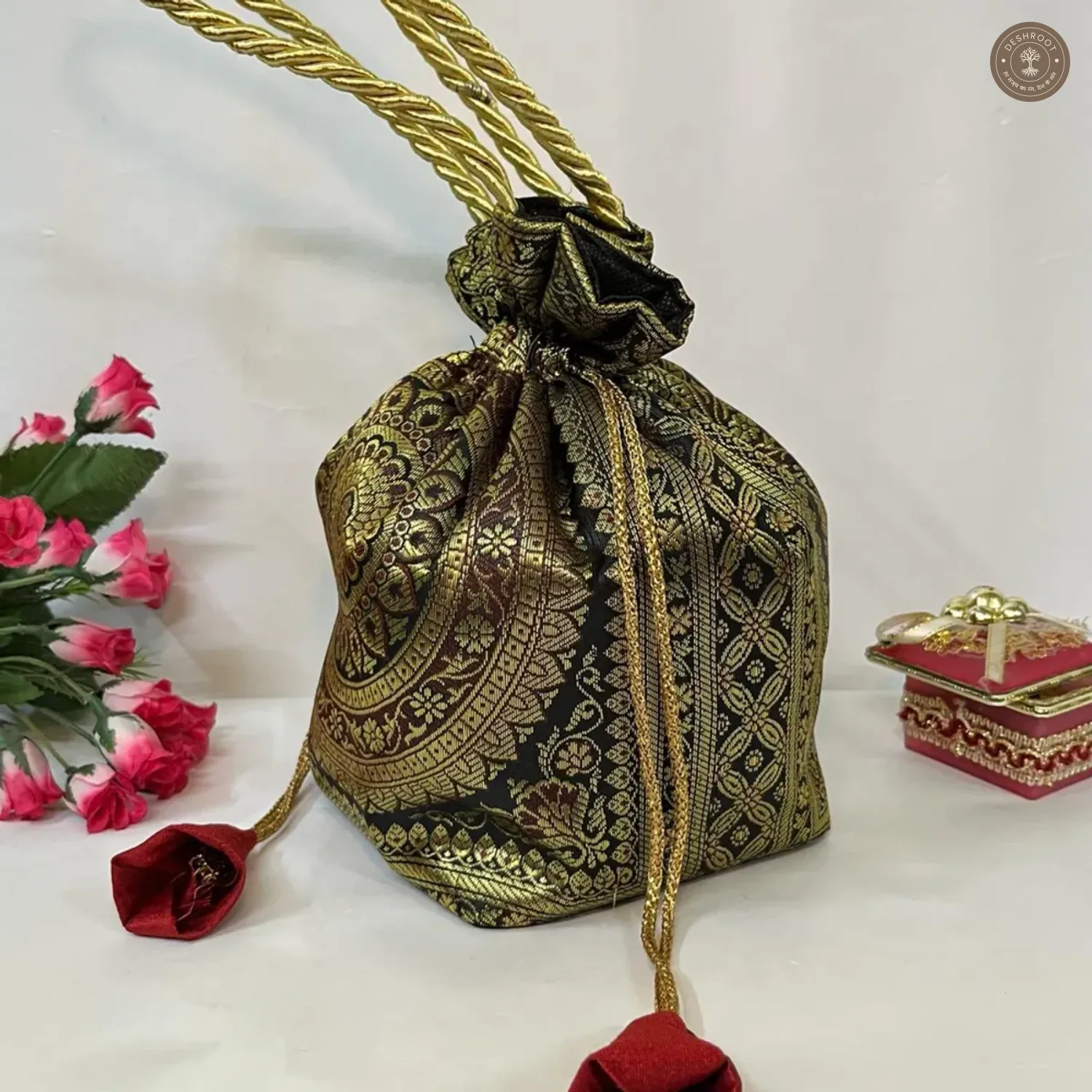 Stunning Black Banarasi Silk Brocade Potli Bag