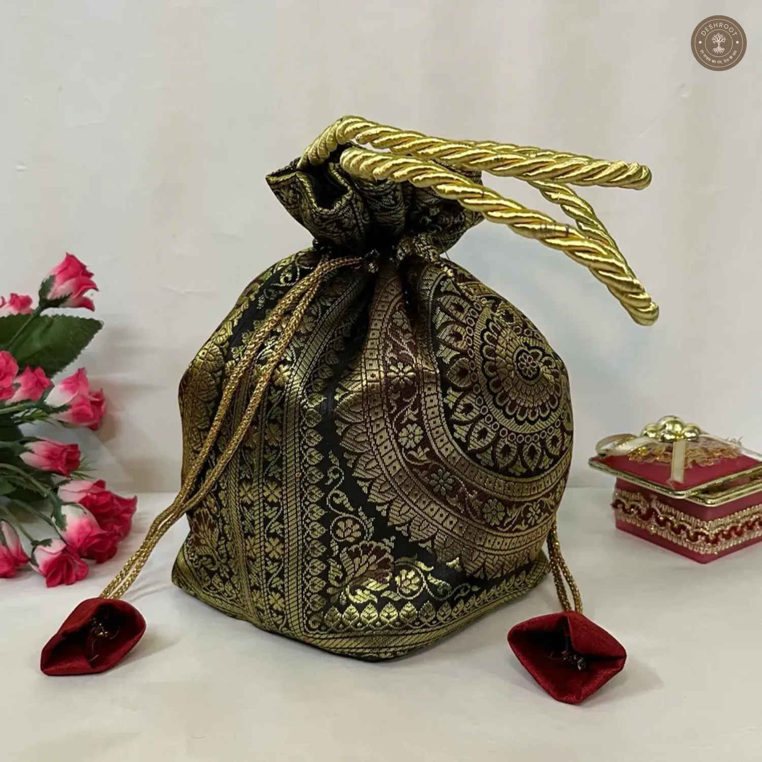 Stunning Black Banarasi Silk Brocade Potli Bag