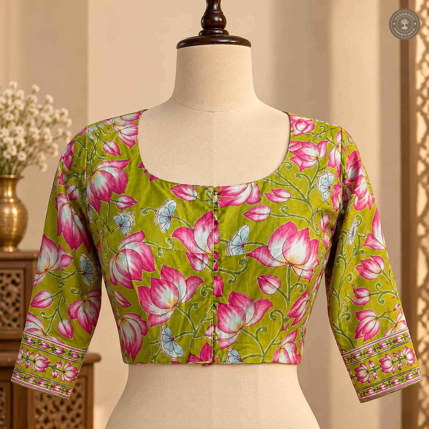 Full Stitched Cotton Lehenga with Ajrakh Lotus Print