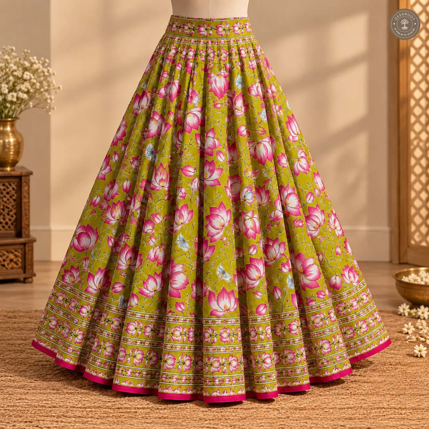 Full Stitched Cotton Lehenga with Ajrakh Lotus Print
