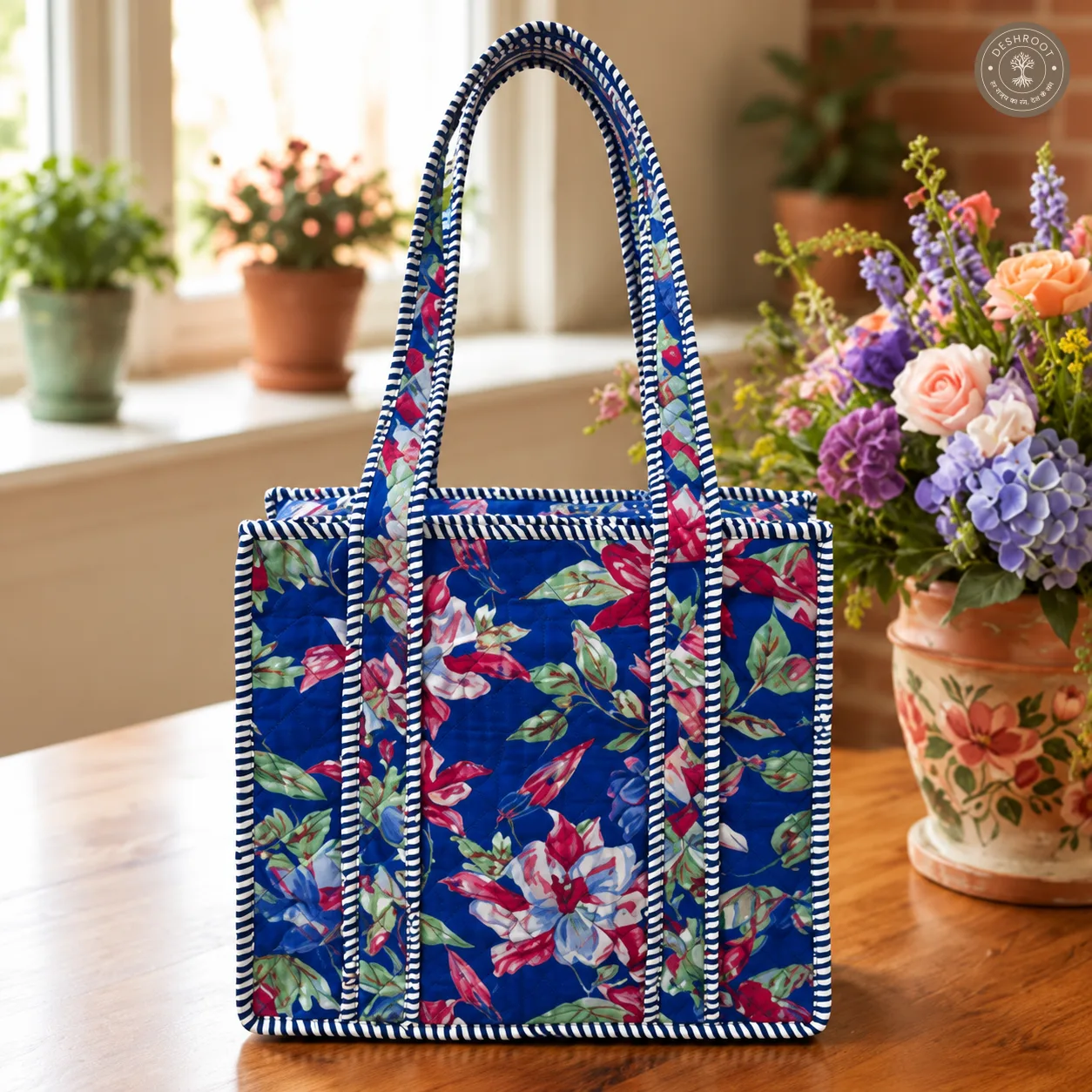 Royal Blue Floral Quilted Lunch Bag for Women – Handcrafted Cotton Lunch Box Handbag