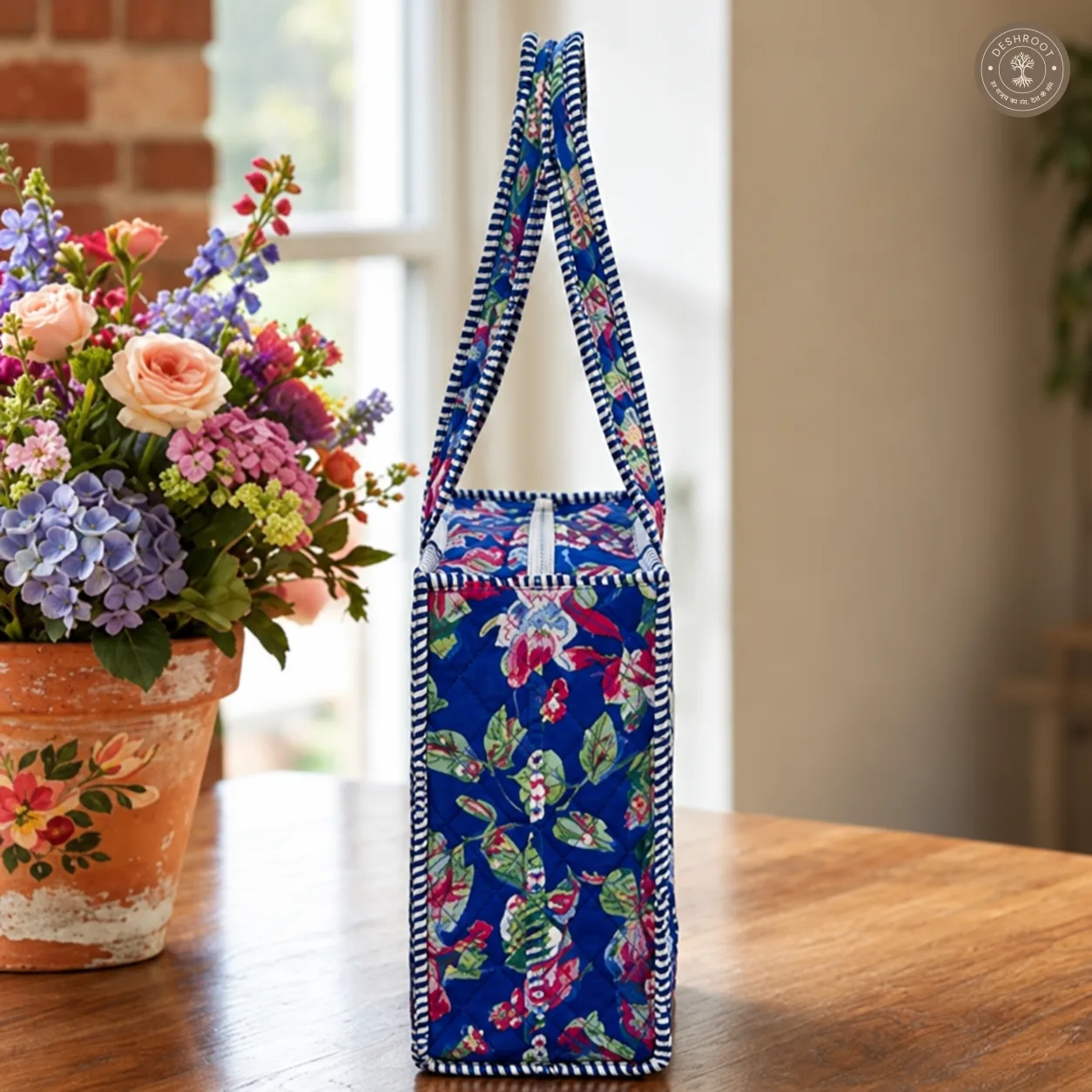 Royal Blue Floral Quilted Lunch Bag for Women – Handcrafted Cotton Lunch Box Handbag