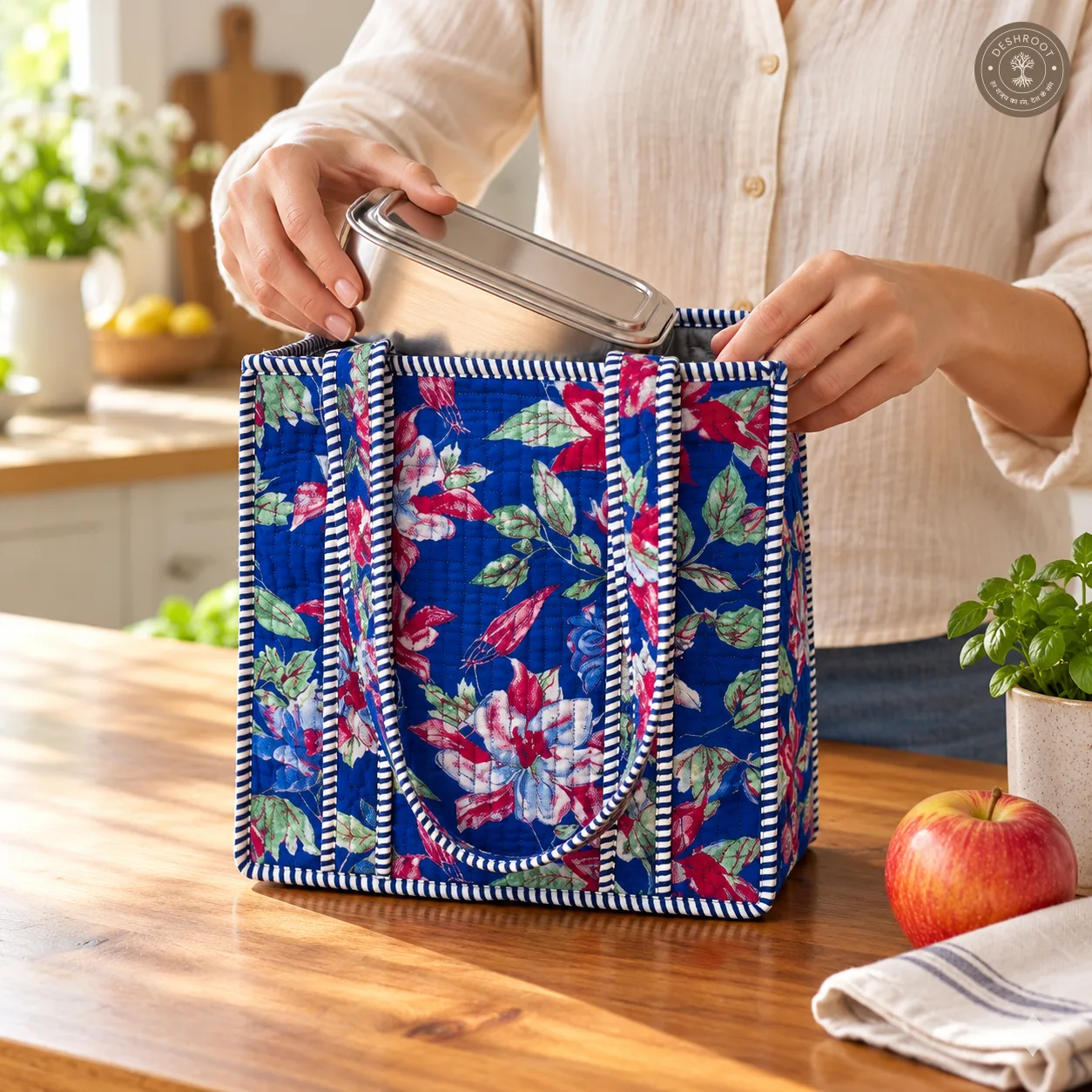 Royal Blue Floral Quilted Lunch Bag for Women – Handcrafted Cotton Lunch Box Handbag