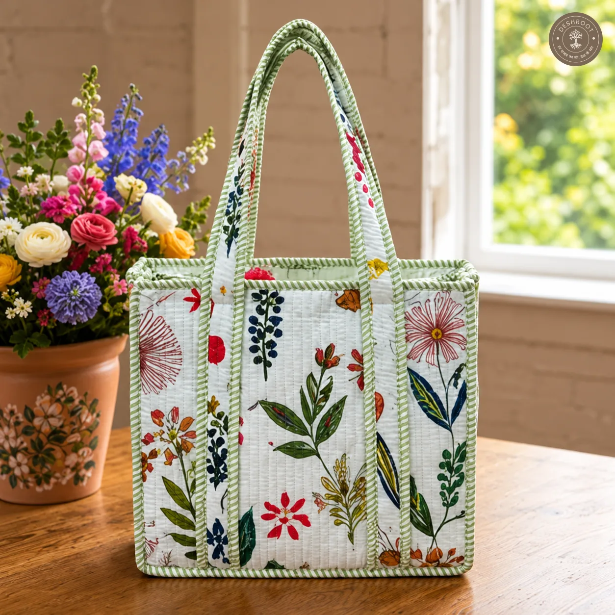 Botanical Garden Quilted Lunch Bag for Women – Handcrafted Floral Cotton Lunch Box Handbag