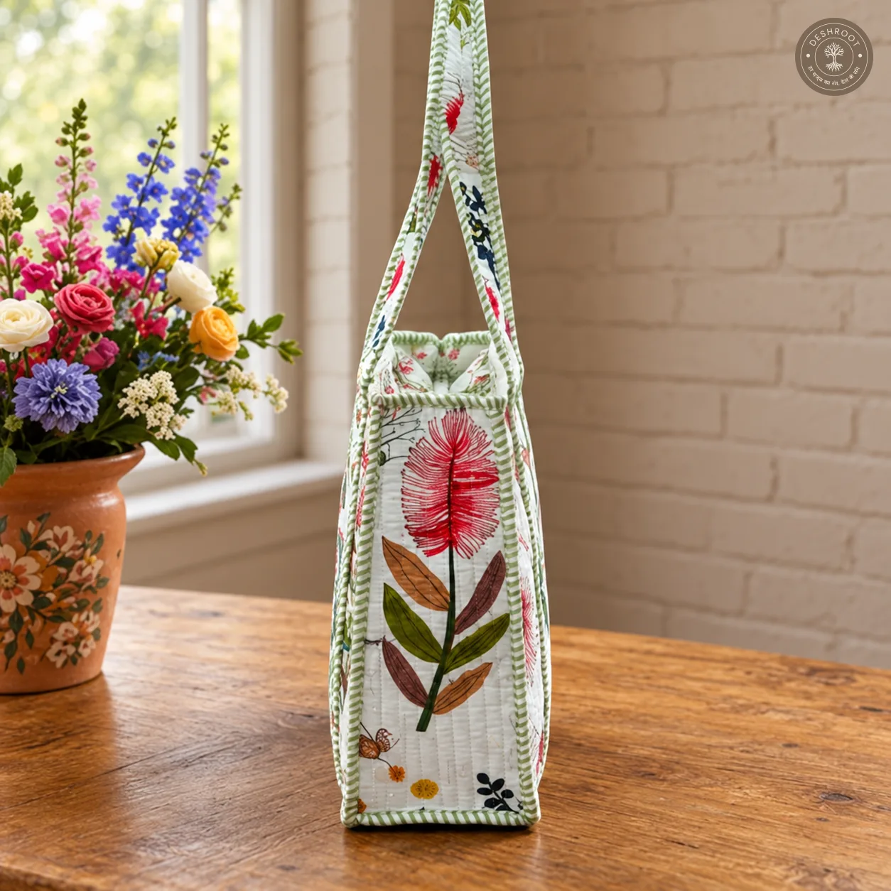 Botanical Garden Quilted Lunch Bag for Women – Handcrafted Floral Cotton Lunch Box Handbag