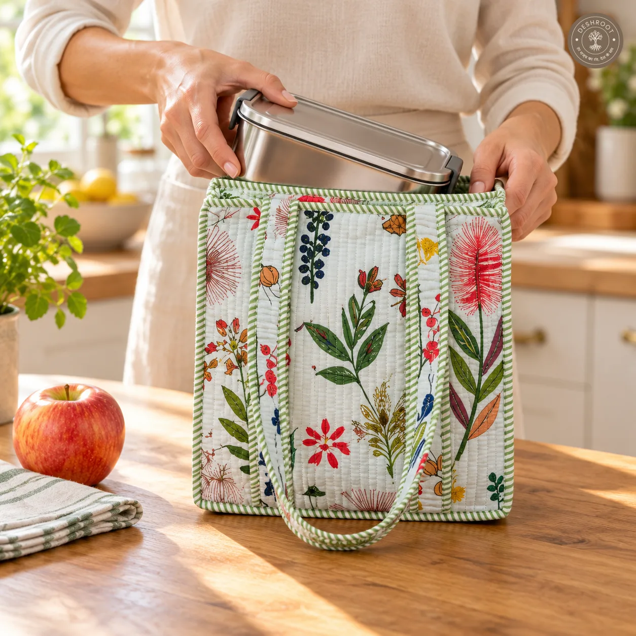 Botanical Garden Quilted Lunch Bag for Women – Handcrafted Floral Cotton Lunch Box Handbag