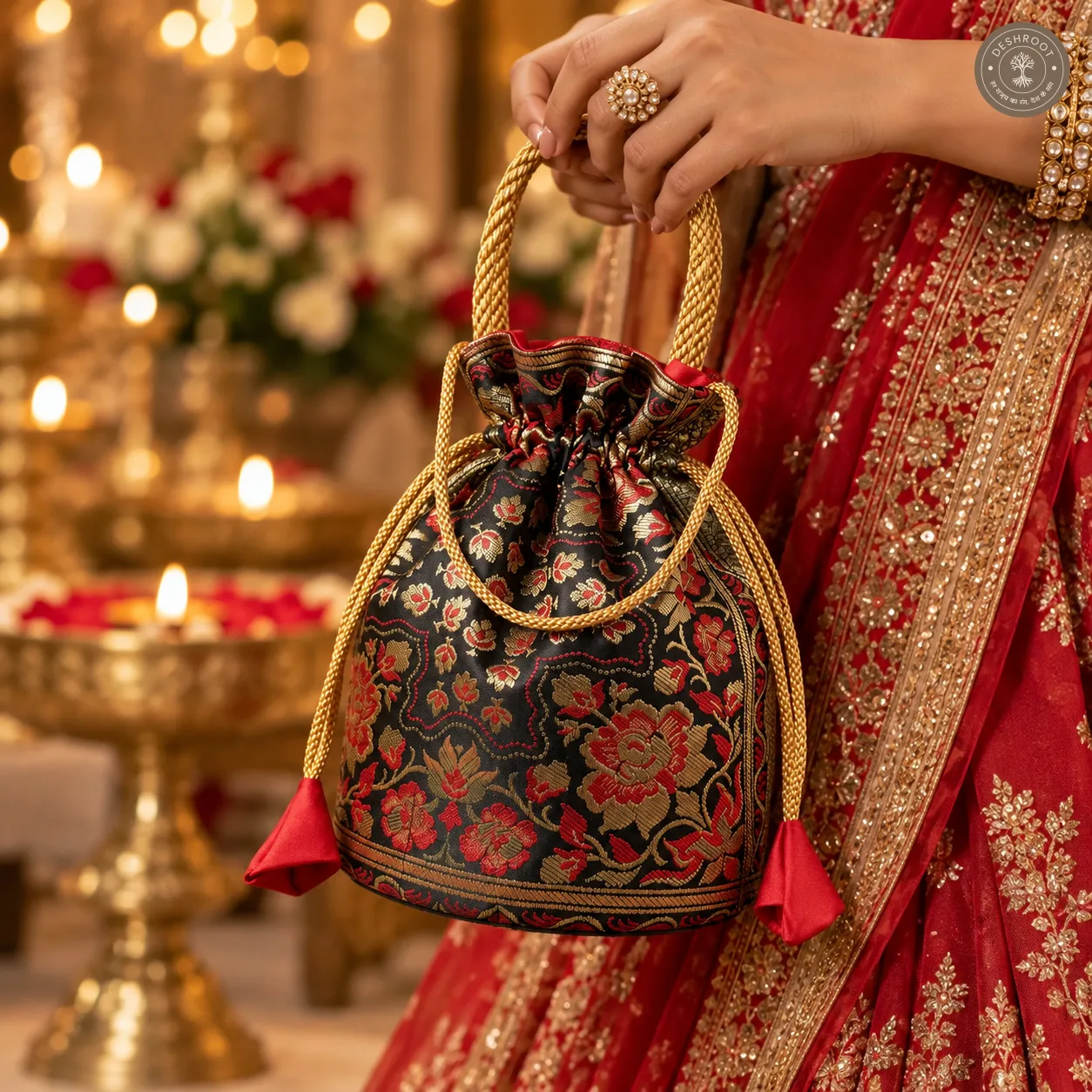 Black Banarasi Silk Brocade Potli Bag For Women