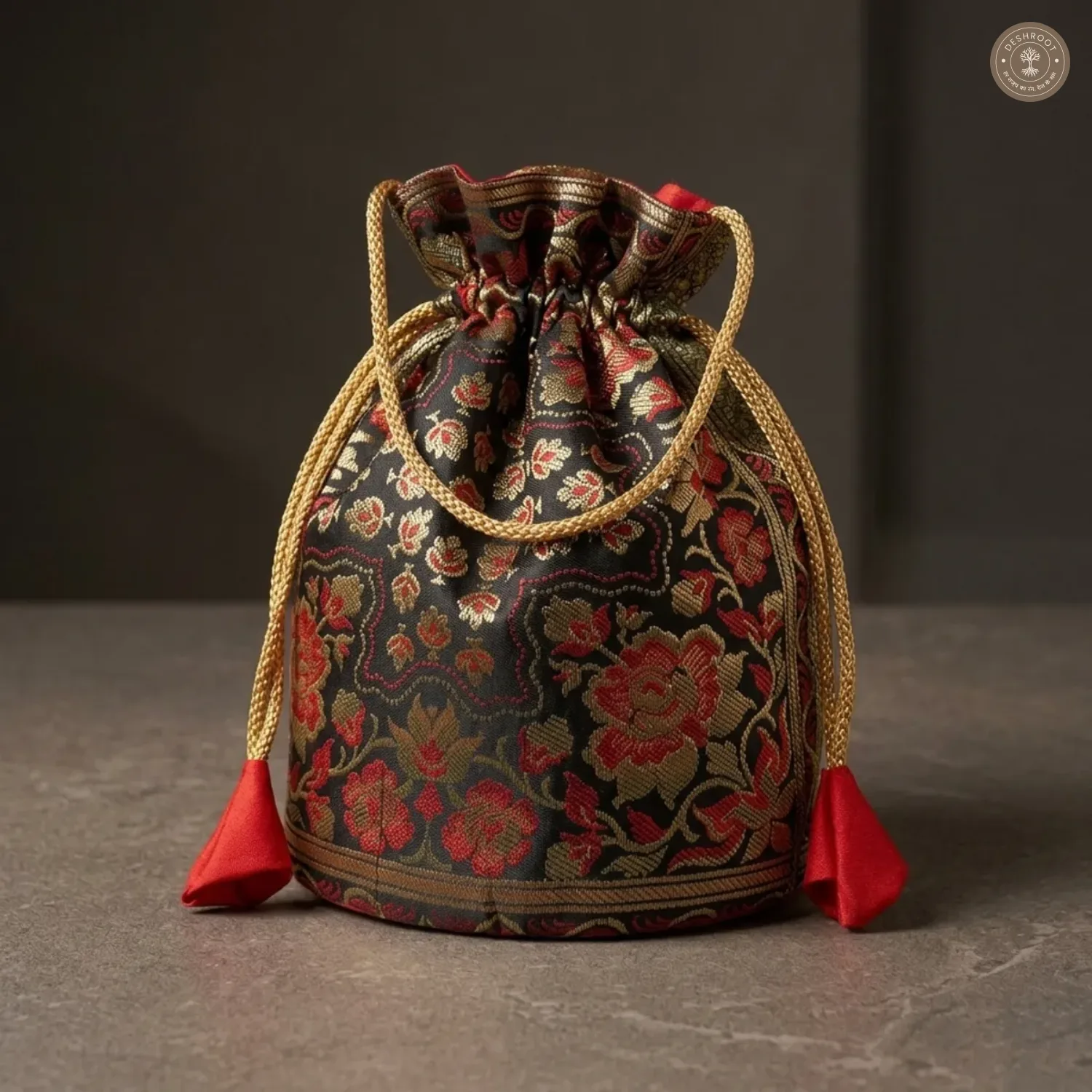 Black Banarasi Silk Brocade Potli Bag For Women